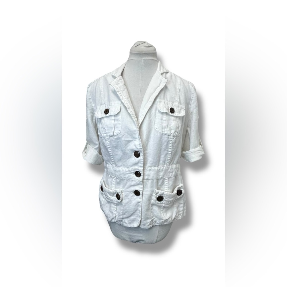 Chico's Women’s Lightweight Linen Utility Jacket Safari Style Shacket White M